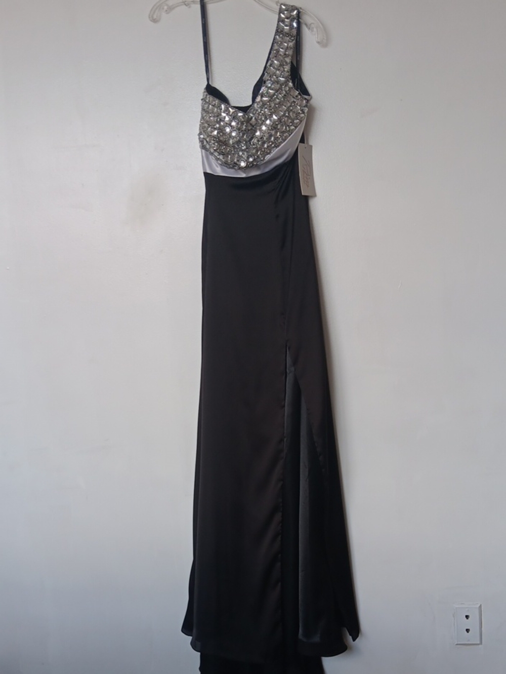 Riva Designs Black Gown with Silver Beaded One-Shoulder Bodice